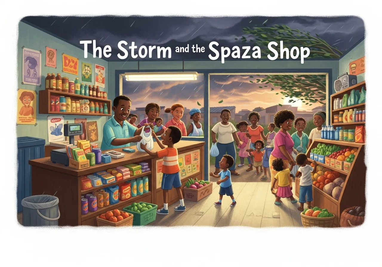 The Storm and the Spaza Shop — Grade 3 graded reader (Level 34 · Compound sentences)